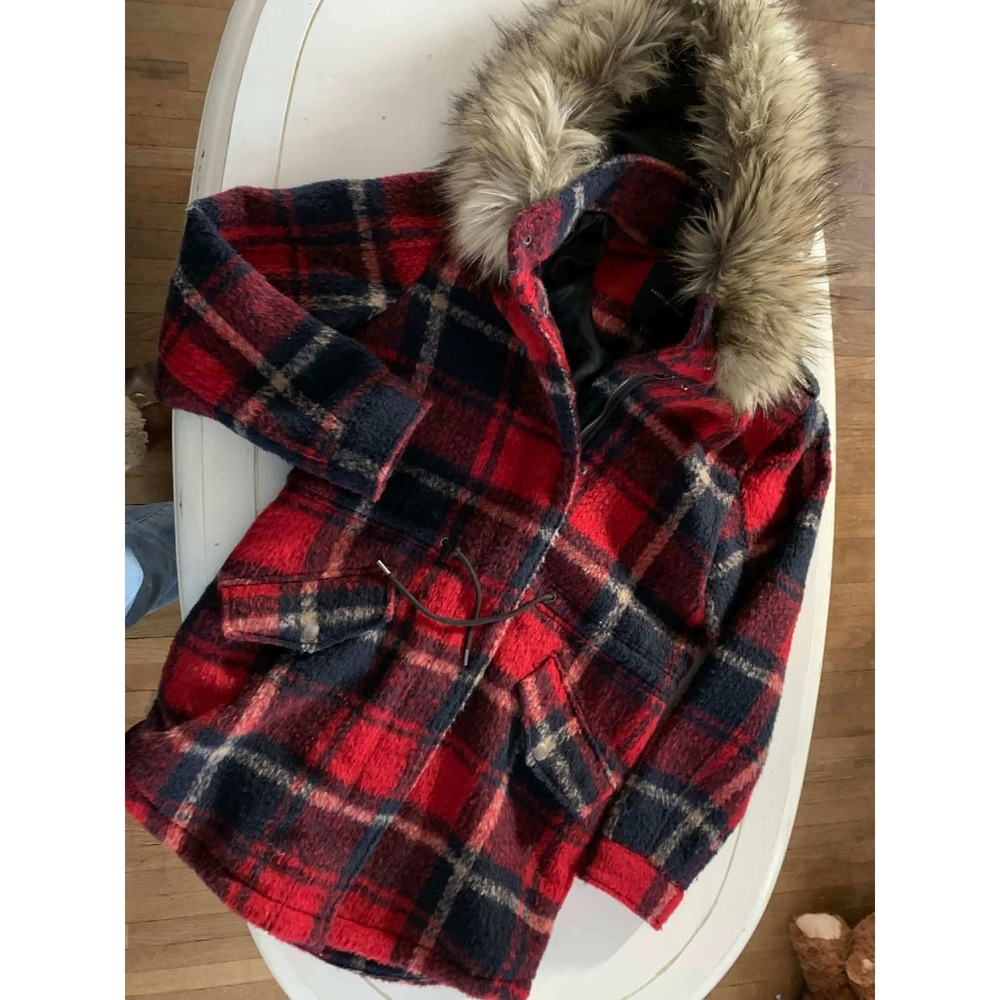American Eagle Red Plaid Wool Blend Hooded Coat Faux Fur Detach Trim Womens XS‎